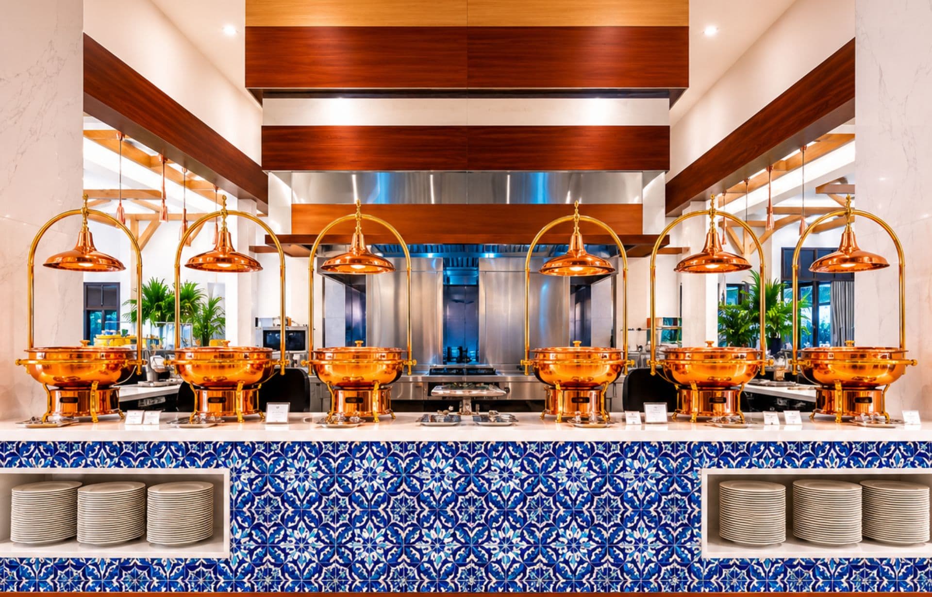 Modern luxury kitchen with copper pendant lights, blue tile backsplash, and wooden beamed ceiling