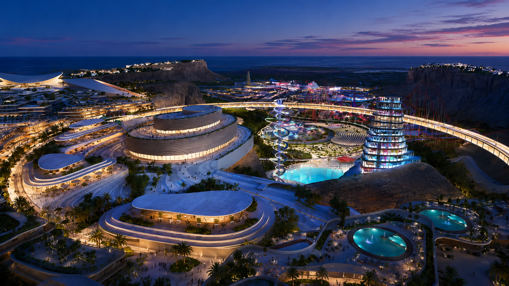 Illuminated modern resort complex with curved buildings, pools, and cliffs at twilight.