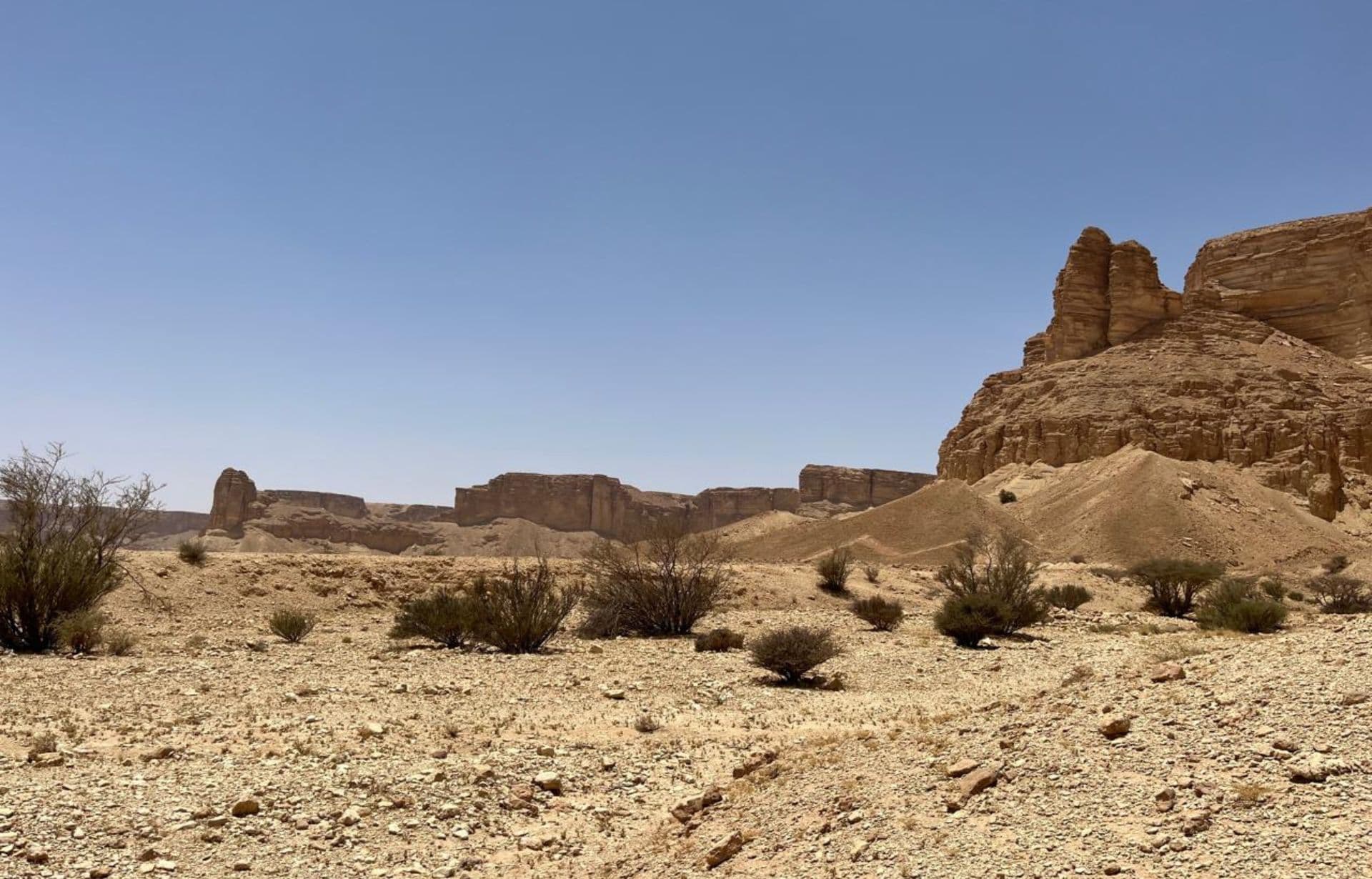 Desert landscape with rocky buttes and sparse vegetation under clear blue sky