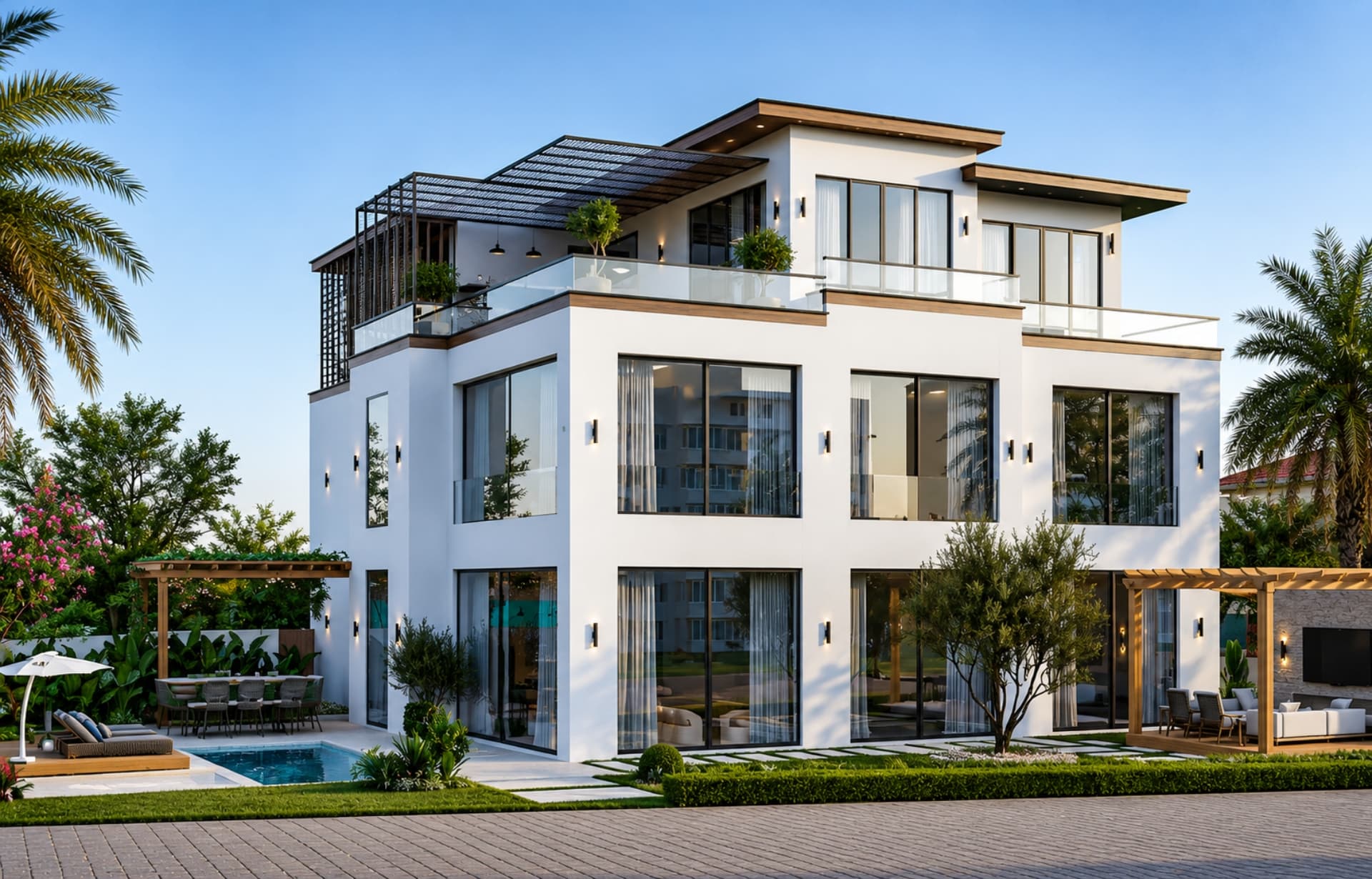 Modern white three-story house with pool, patio, and landscaping under clear blue sky.