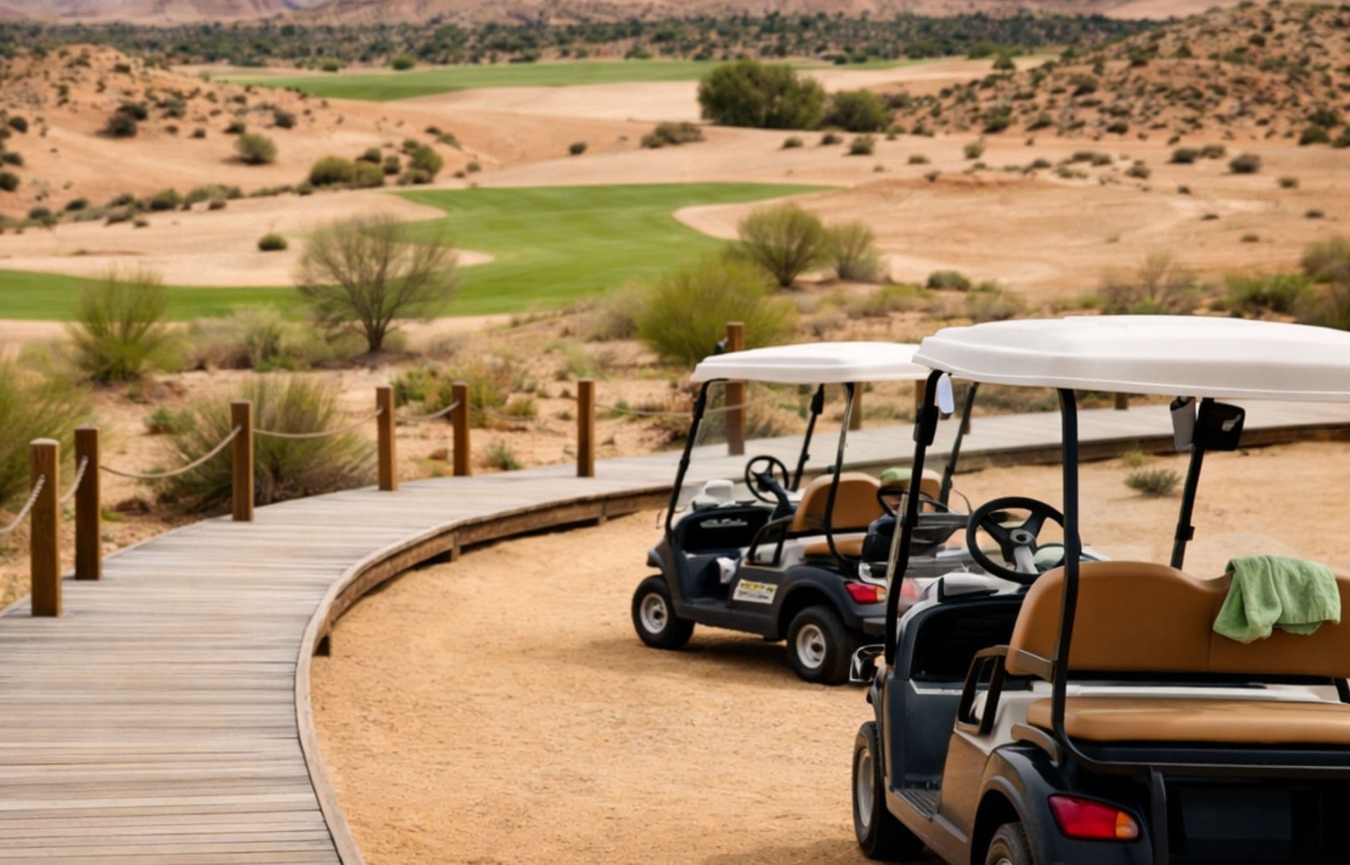 Golf carts parked under white canopies near wooden boardwalk in desert landscape