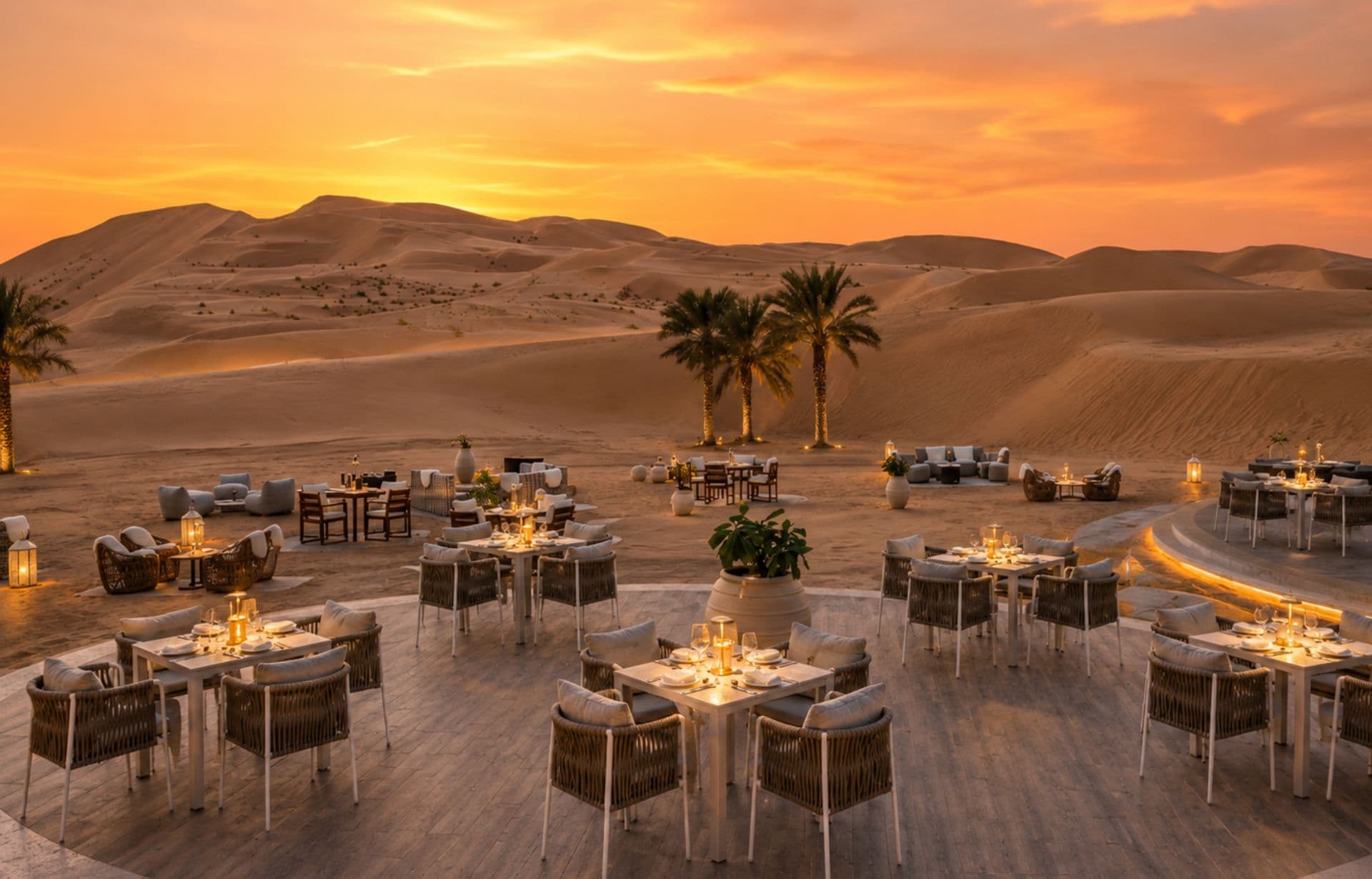 Luxury desert dining setup with tables, chairs, and lanterns at golden sunset amid sand dunes.