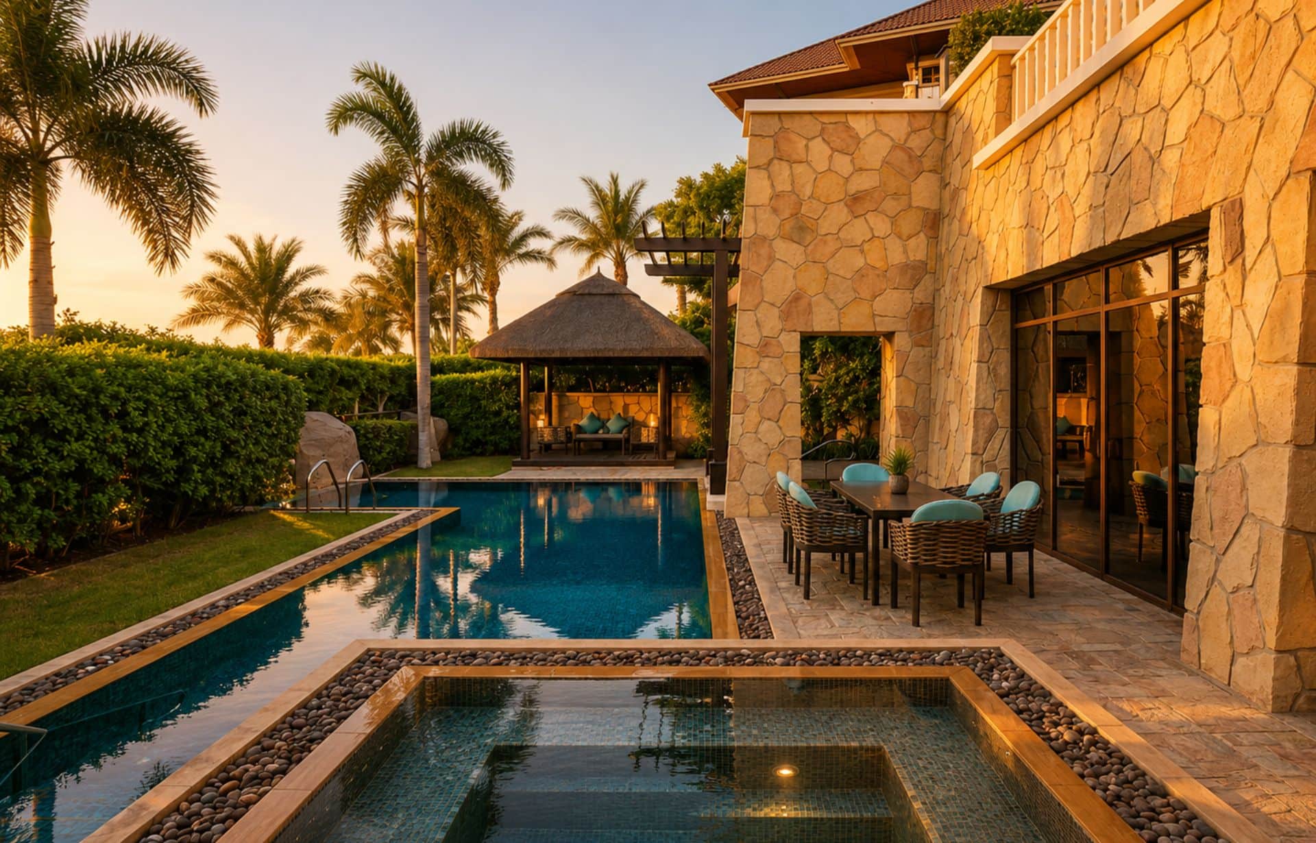 Luxury home with swimming pool, spa, stone patio, and tropical palm trees at sunset.
