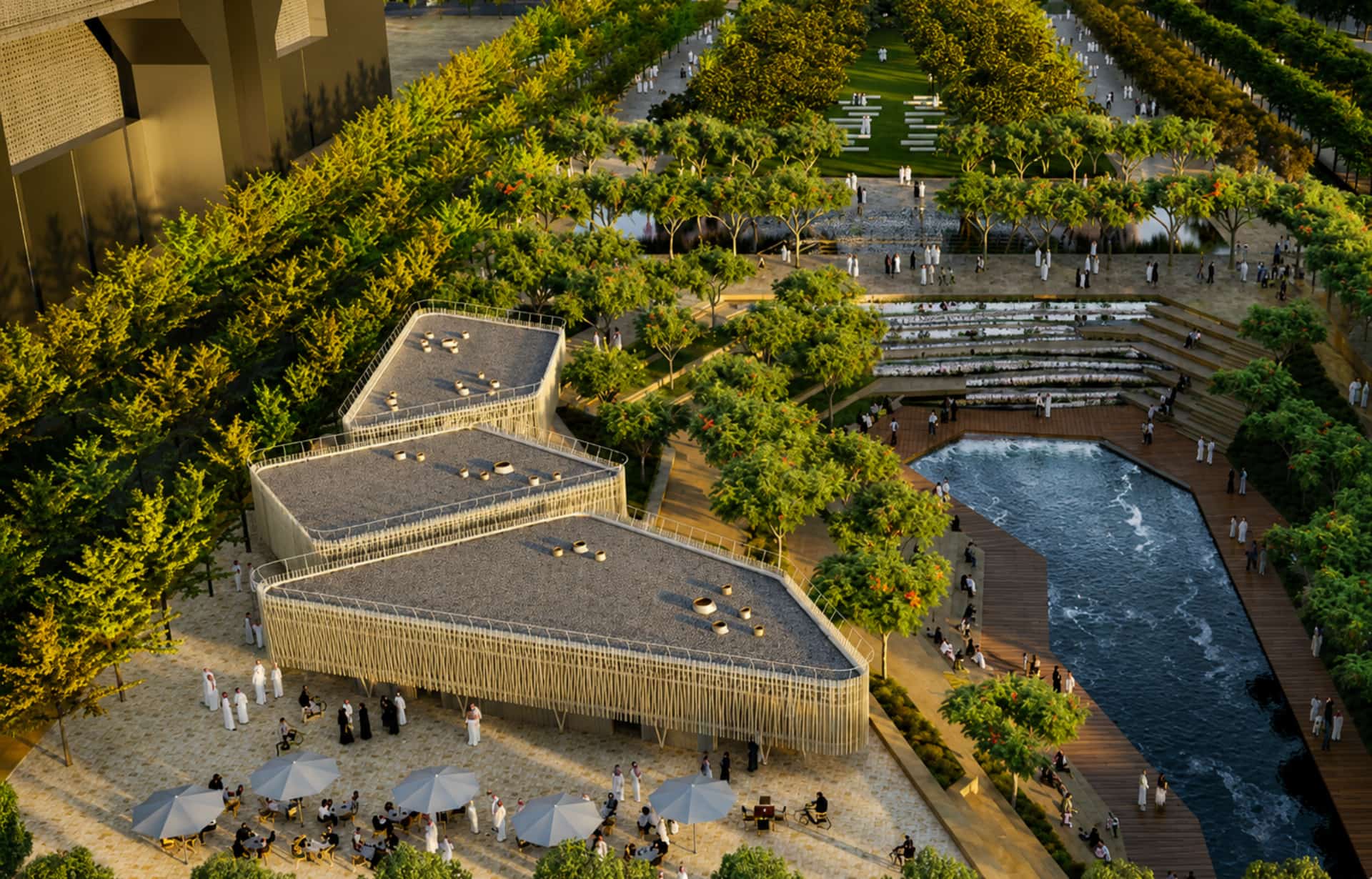 Aerial view of modern urban park with sand terraces, water pool, green trees, and visitors