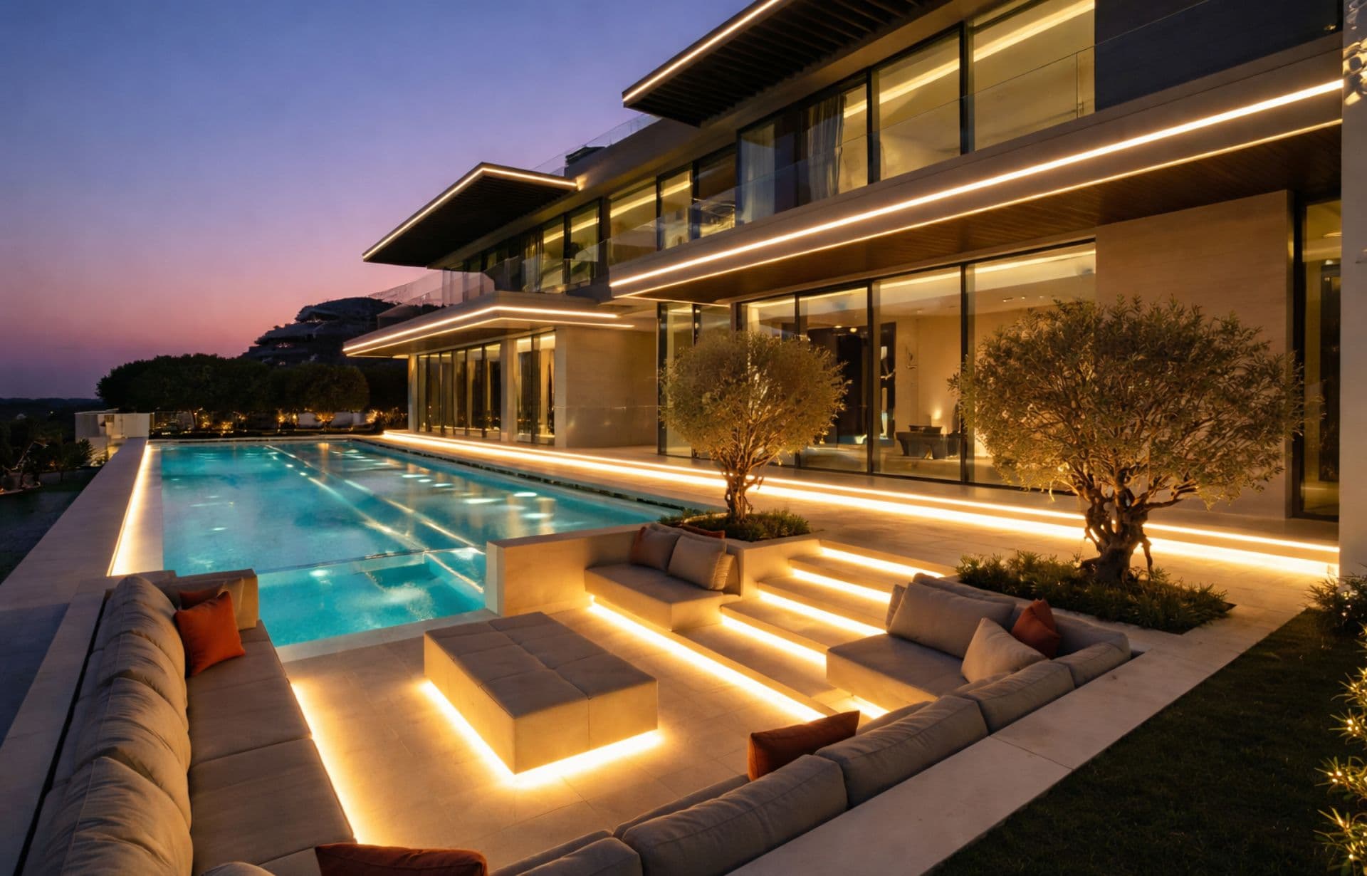 Modern luxury house with illuminated pool and lounge seating at twilight
