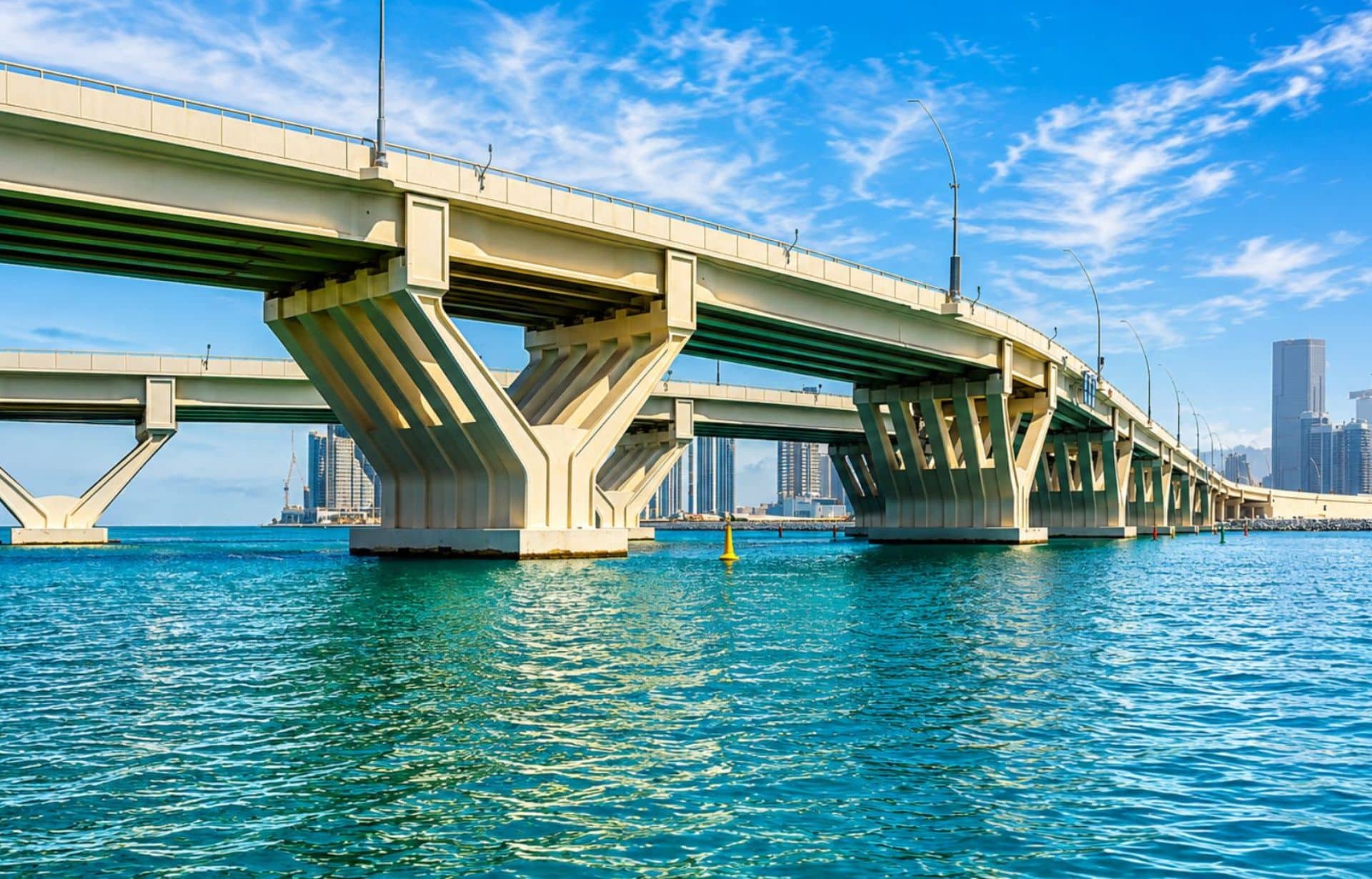 Long green and cream bridge spanning turquoise water with city skyline in background