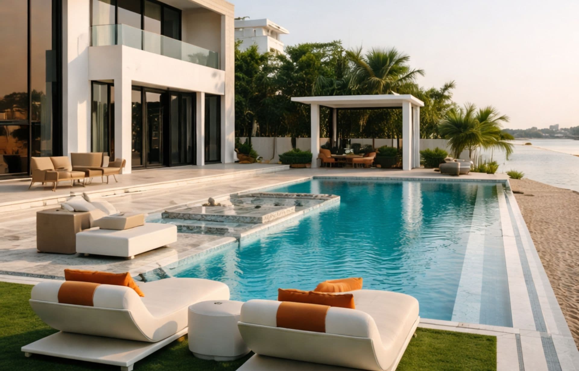 Modern beachfront villa with swimming pool, lounge chairs, and waterfront views