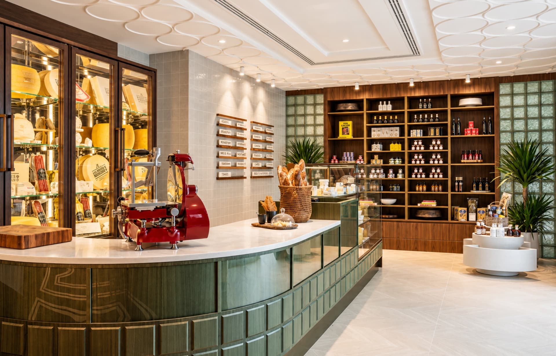 Luxury beauty retail store with curved counters, wooden shelving, products displays, and decorative red scooter.