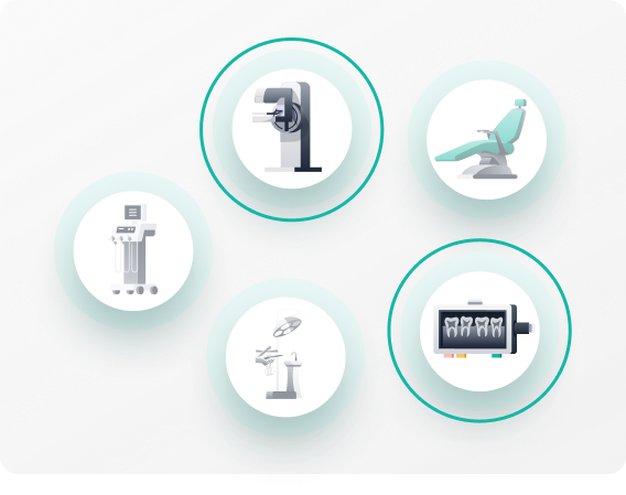 Circular icons depicting dental equipment including an X-ray machine, dental chair, dental instrument cart, dental light, and dental X-ray image with teeth.