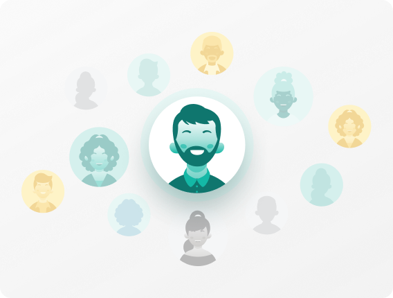 Central smiling male avatar surrounded by various semi-transparent and colored user icons representing diverse people.