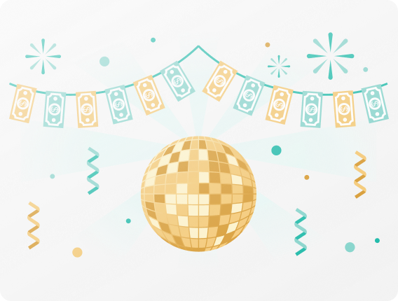 Golden disco ball with hanging garland of blue and gold money bills and confetti decorations on a light background.