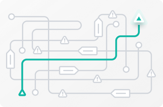 Abstract maze-like network with warnings and directional signs, showing a green path from a triangle start to a triangle end.