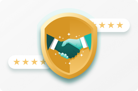 Golden shield with a handshake icon in the center, surrounded by star rating banners.