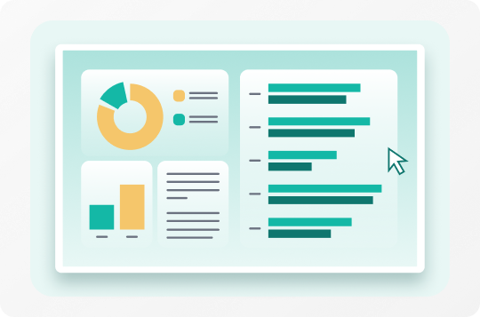 Dashboard interface showing a yellow and teal pie chart, a yellow and teal bar chart, text boxes, and a cursor pointer.