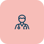 Icon of a doctor with a stethoscope on a pink rounded square background.
