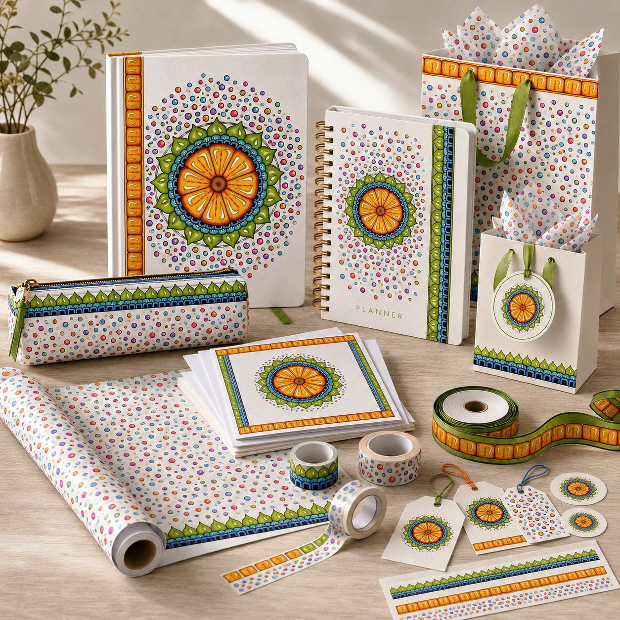 Premium stationery, journals, and gift packaging created using original Flowstate Design Systems.