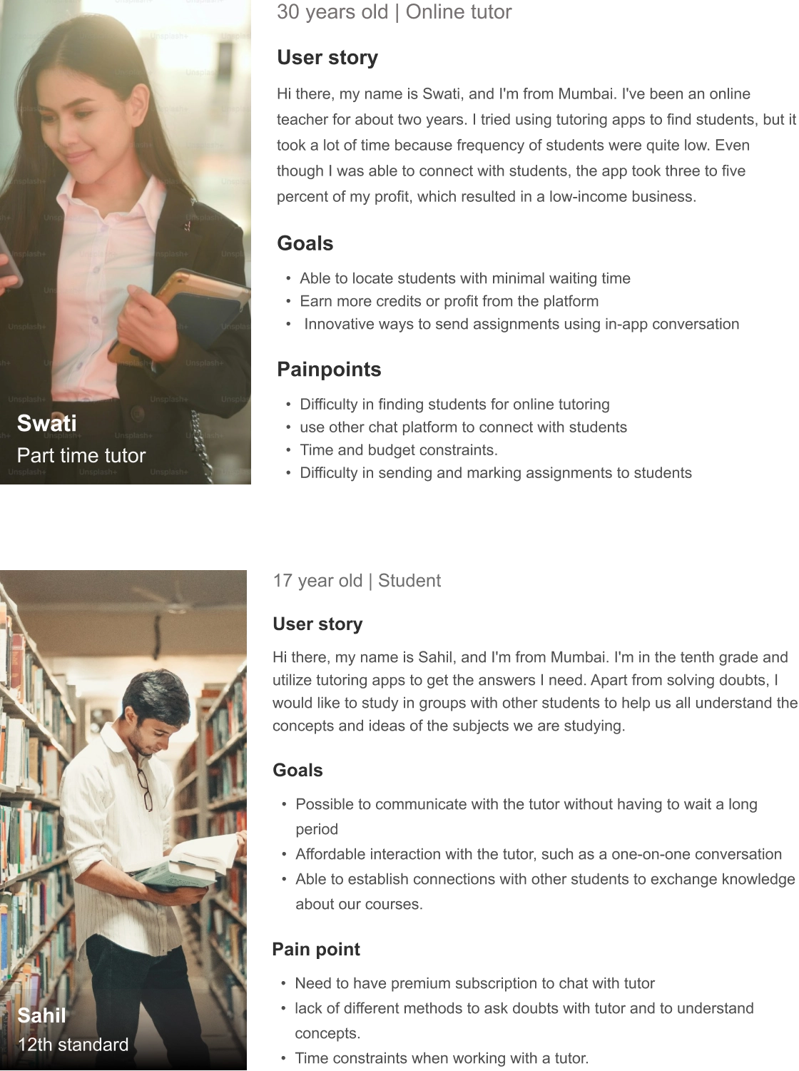 User personas for tutor and student roles in the Mentor app