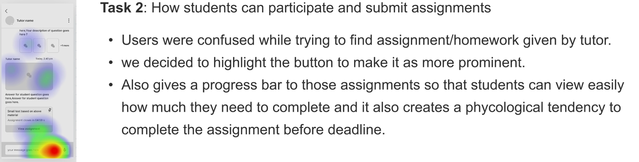 Usability testing results and heatmap analysis for task 2 of Mentor app prototype