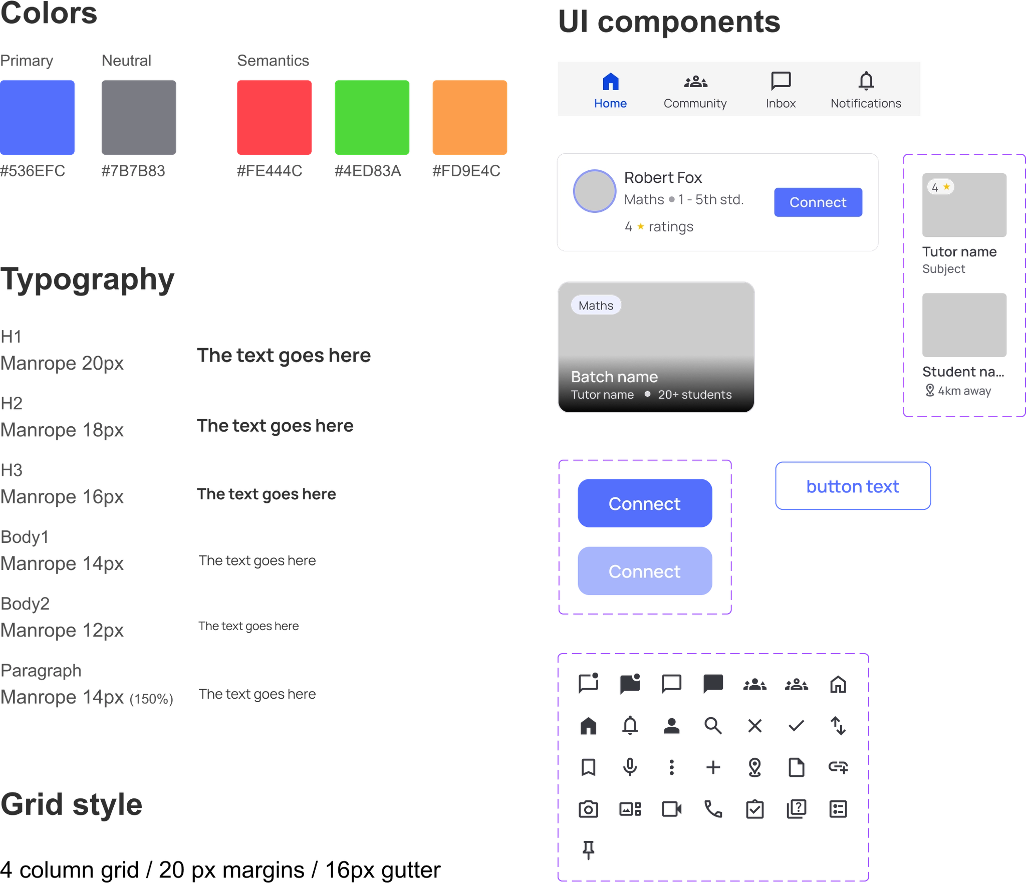 Style guide for the Mentor app showing typography, colors, and components