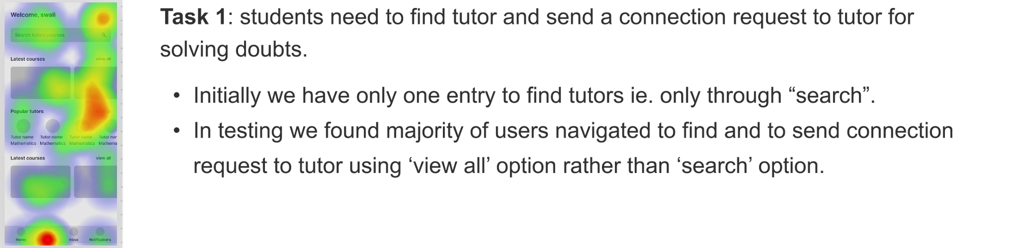 Usability testing results and heatmap analysis for task 1 of Mentor app prototype