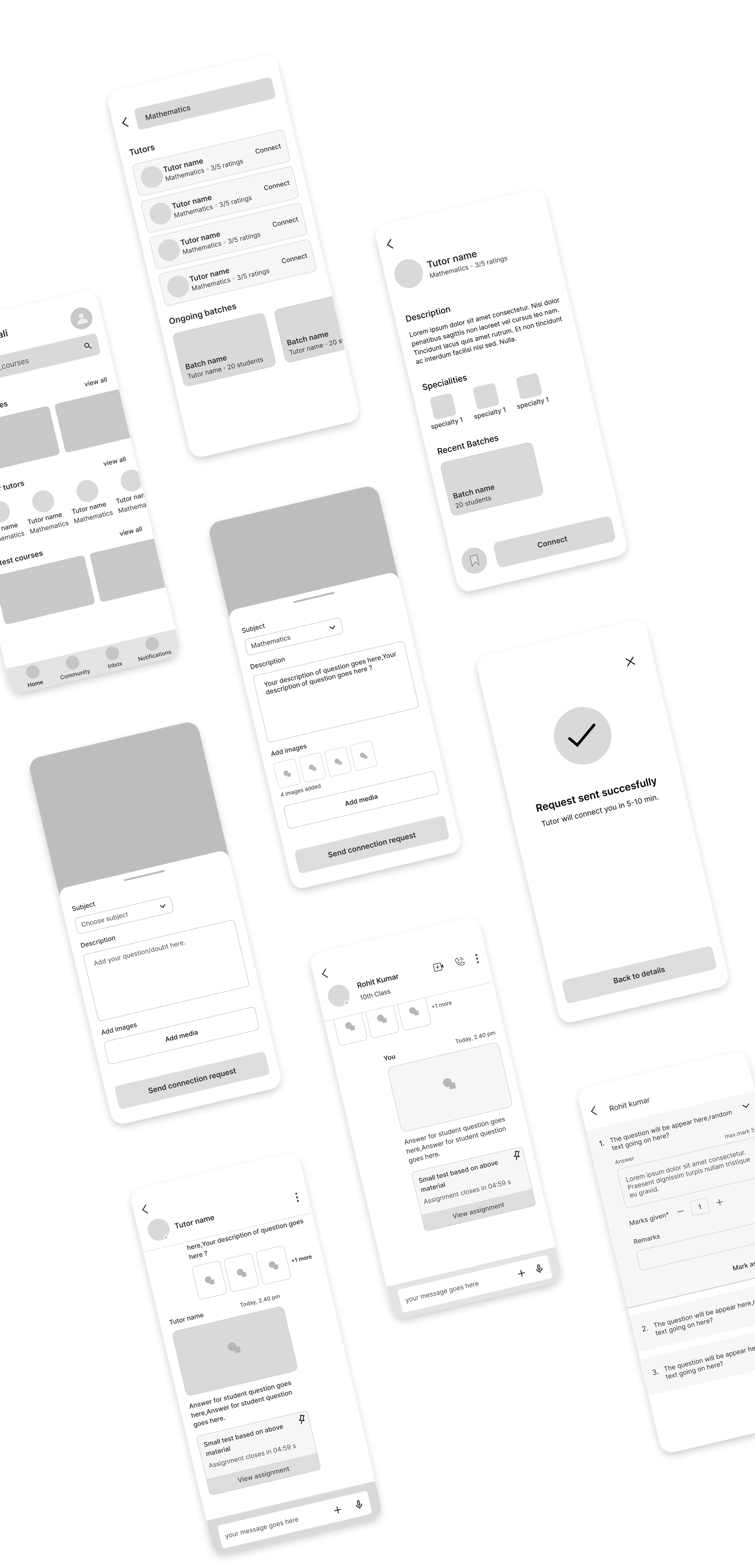 Low-fidelity wireframes for the Mentor app divided into 5 tasks