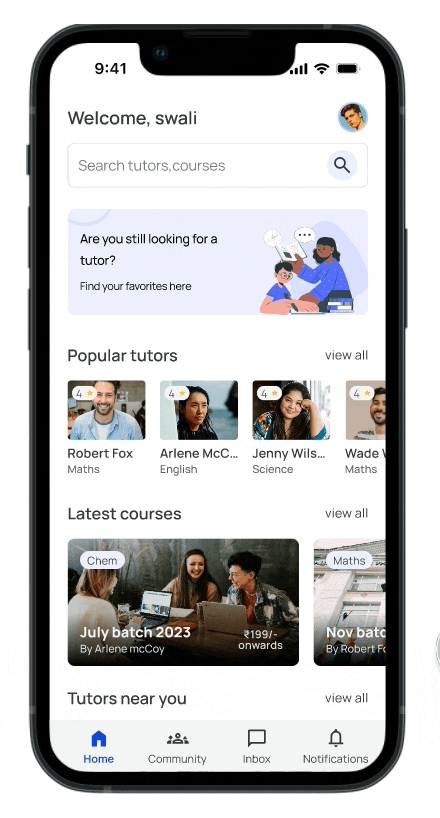 Animated demo of finding tutors and sending a connection request in the Mentor app