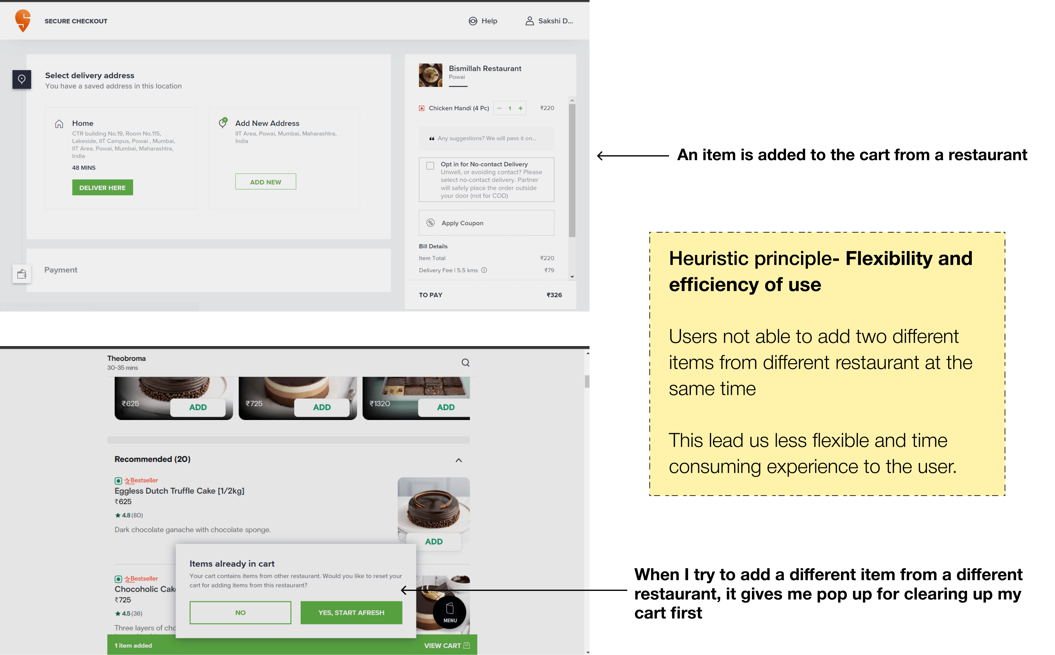 Suggested improvement for ordering from multiple restaurants simultaneously on Swiggy