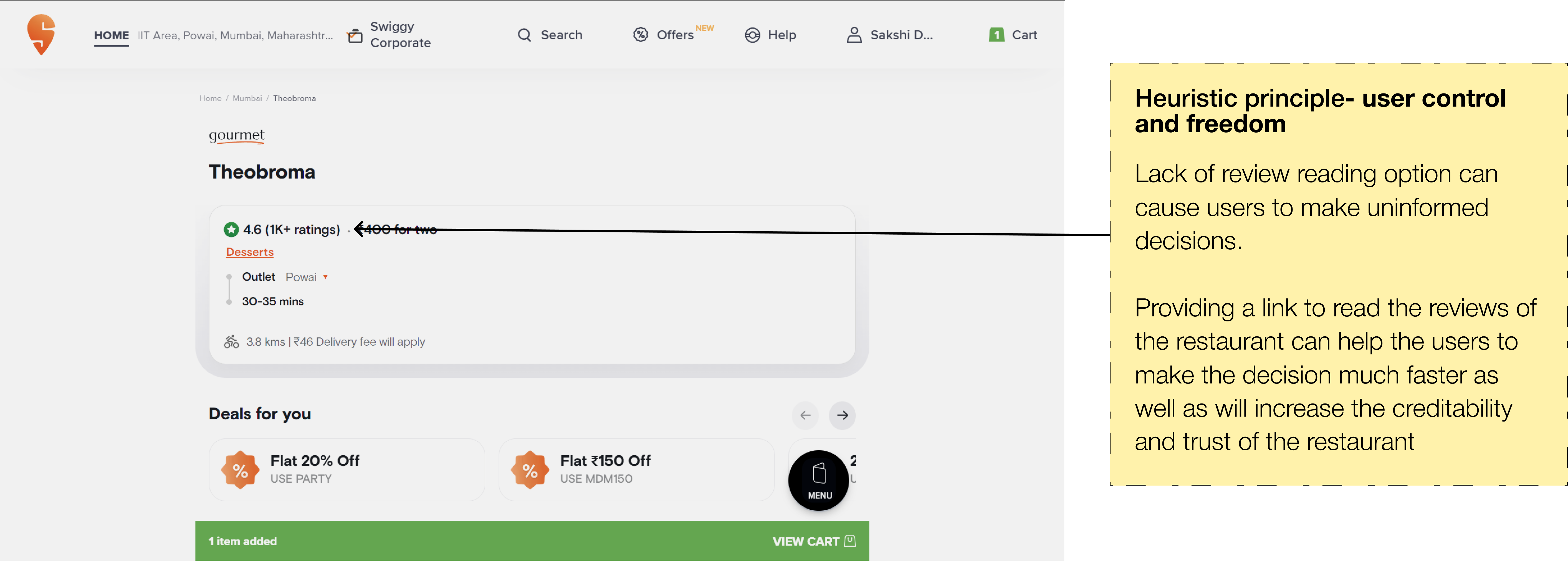 Heuristic evaluation of Swiggy website identifying usability issues