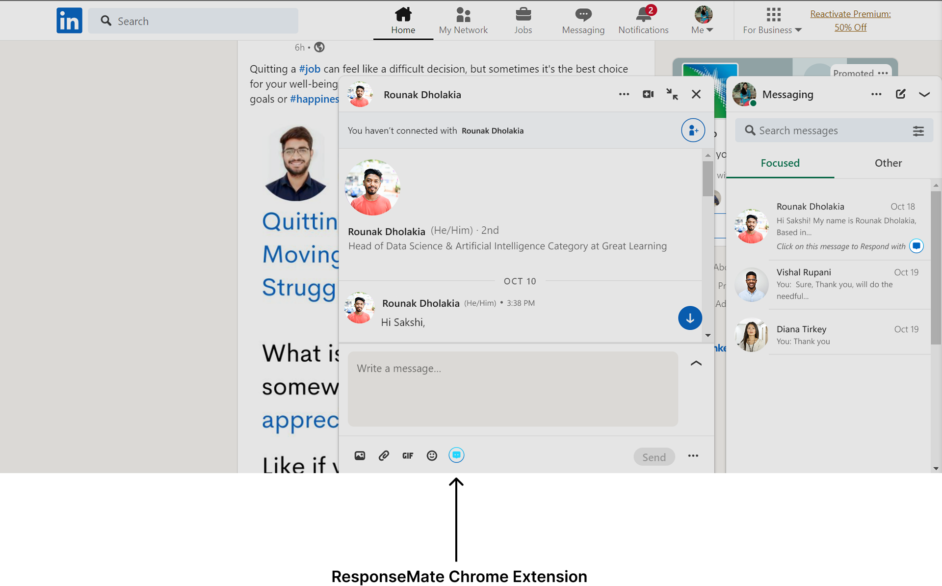 ResponseMate extension integrated in LinkedIn message input area