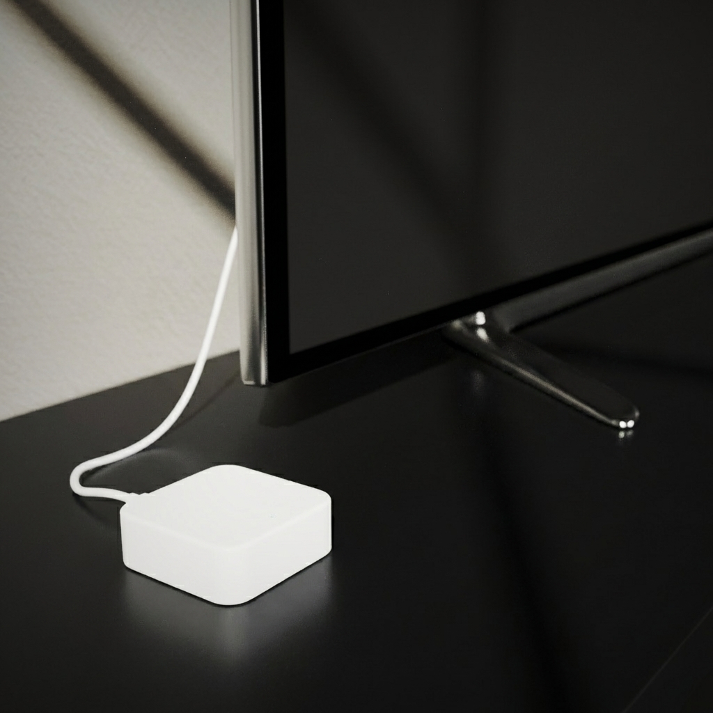 Close-up of the BLACK X Wi-Fi Bridge, a small white device with a USB-C cable, sitting on a black surface near a TV stand.