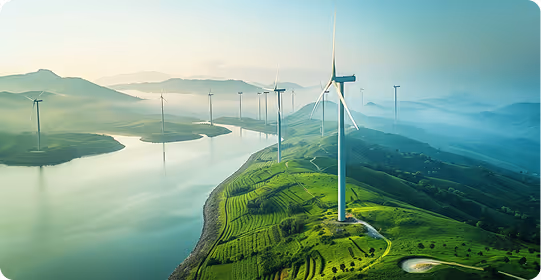 Wind turbines on green hills beside a calm river with mountains in the background under a clear sky.