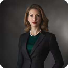 Confident woman with shoulder-length blonde hair wearing a dark blazer, green top, and pearl necklace against a dark background.