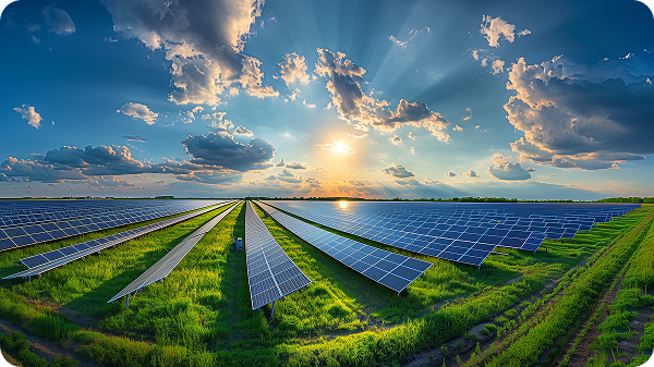 Solar farm with rows of solar panels under a partly cloudy sky during sunrise or sunset.