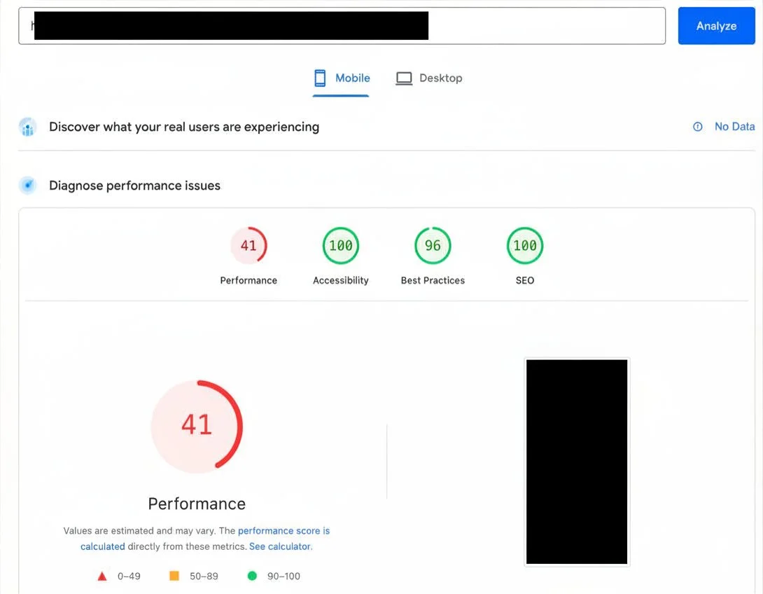 Typical agent website - mobile performance score of 41 on Google PageSpeed Insights