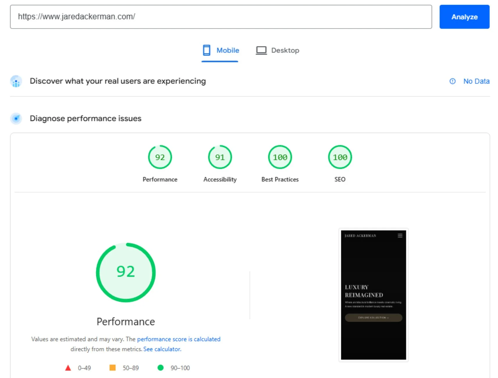 AI Search Masters demo website - mobile performance score of 92 on Google PageSpeed Insights