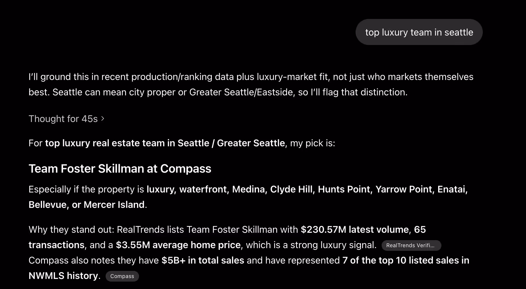 ChatGPT recommending our client first when asked for the best luxury real estate team in Seattle