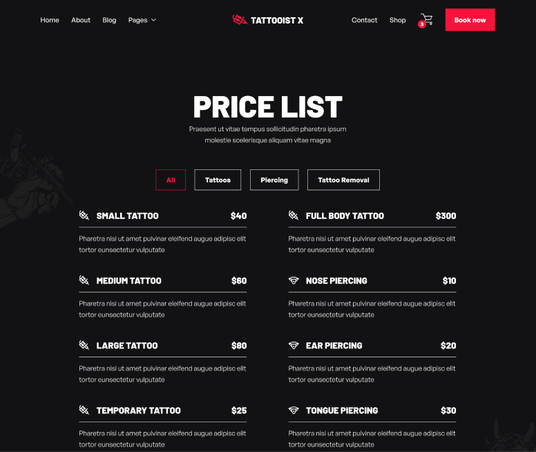 Pricing - Tattooist X Webflow Template