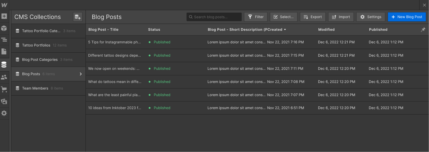 CMS Collection - Tattooist X Webflow Template