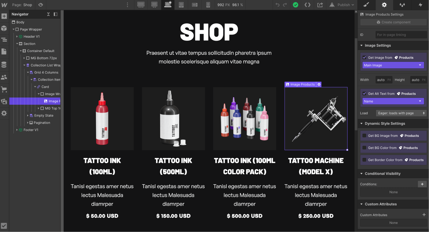 eCommerce Content - Tattooist X Webflow Template