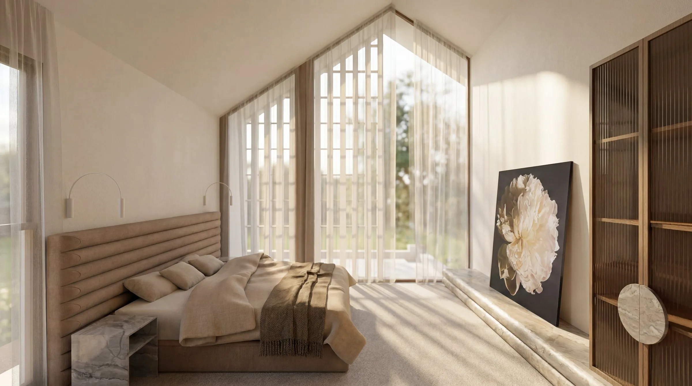 Solace, artwork and stone ledge in the main bedroom