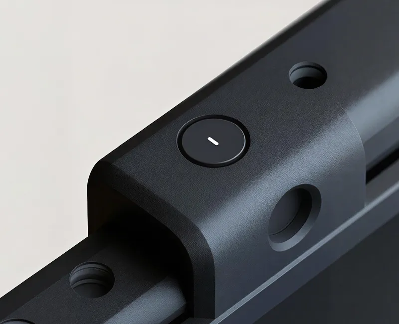Close-up of a matte black metal device with a circular button featuring a horizontal white dash symbol.