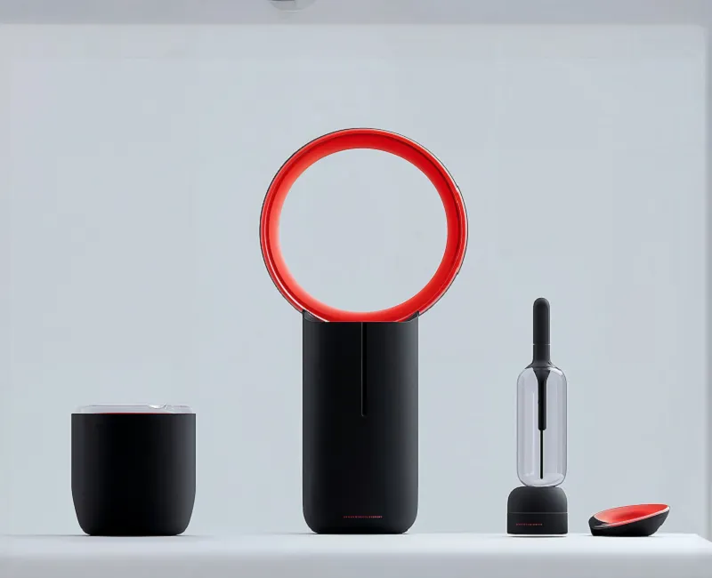 Four modern design objects on a white surface, including a black cup, a bladeless fan with a red circular ring, a transparent bottle with a black top, and a black and red oval object.