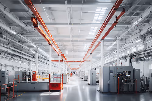 Spacious and brightly lit modern industrial factory interior with machinery and red overhead cranes.