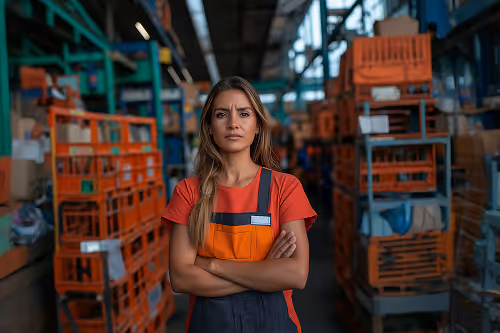Serious female worker in orange apron with arms crossed standing in a warehouse with orange crates.