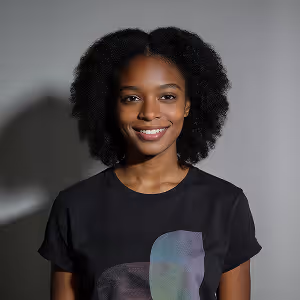 Young woman with natural curly hair smiling against a plain gray background.