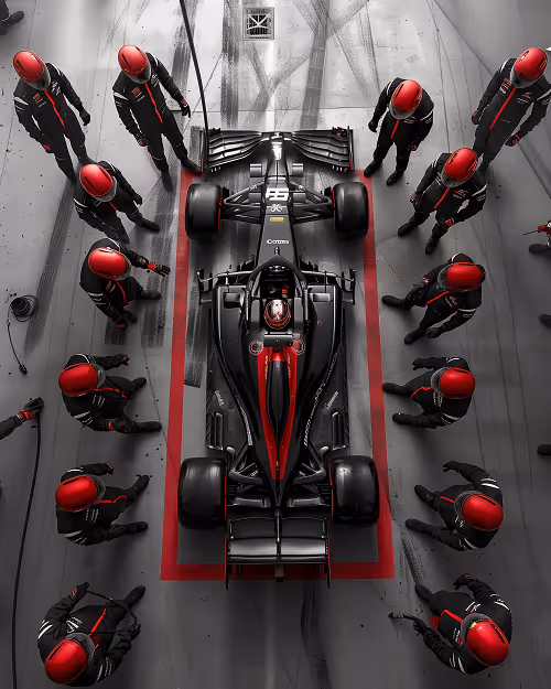 Overhead view of a black Formula 1 car surrounded by a pit crew in red helmets and black suits.