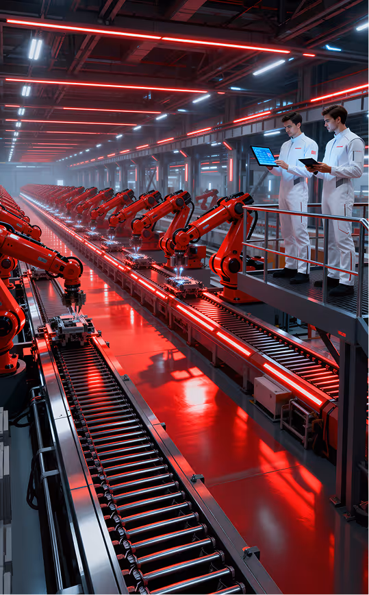 Two workers in white suits monitor red robotic arms assembling tech parts on a factory conveyor belt.