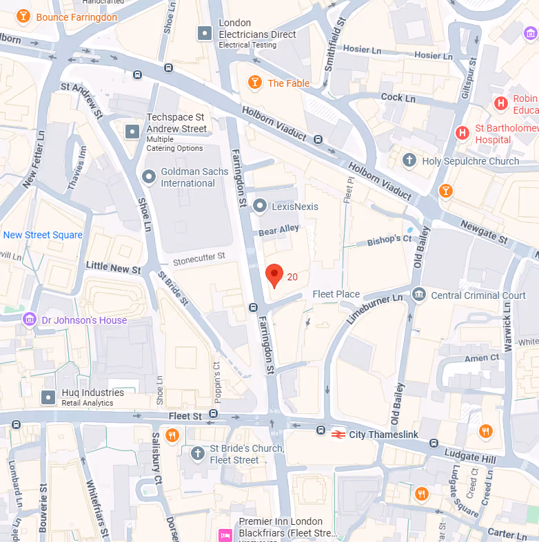 Map of central London around Farringdon Street with landmarks and a red location pin at number 20.