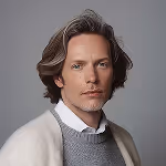 Man with medium-length brown hair wearing a gray sweater, white shirt, and beige cardigan against a gray background.