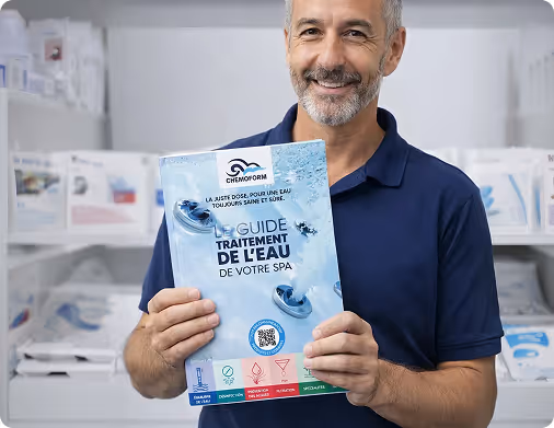 Homme souriant tenant un guide bleu intitulé 'Le guide traitement de l'eau de votre spa' dans un magasin avec des affiches en arrière-plan.